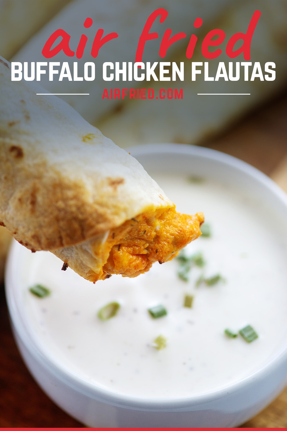 These buffalo chicken flautas are delicious dipped in blue cheese or ranch dressing! #buffalochicken #partyfood #airfried