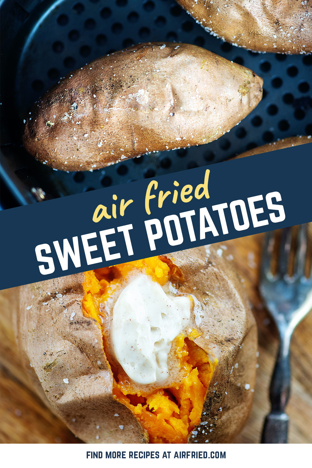 Whole sweet potatoes with salt on them in an air fryer basket.