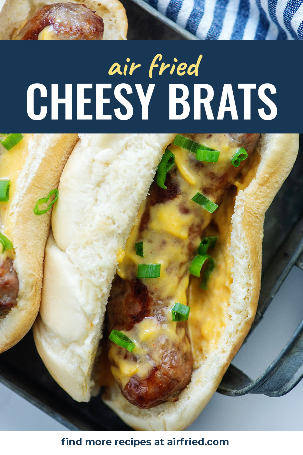 These air fried brats covered in beer cheese are absolutely perfect for a quick and easy lunch! #airfryer #bratwurst #lunchrecipes