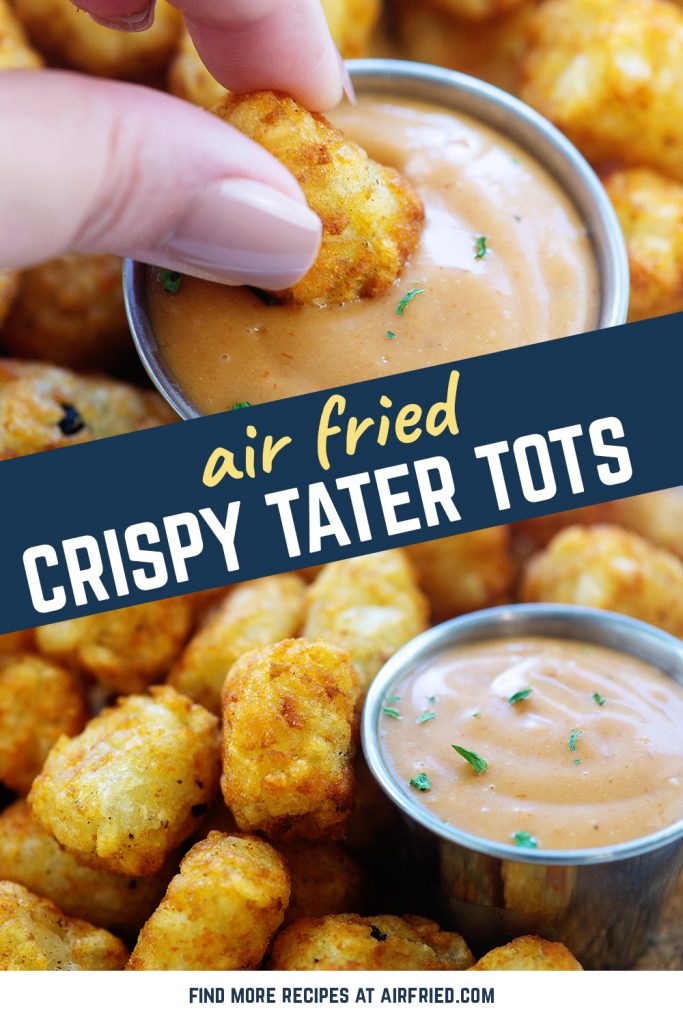 A person dipping a tater tot into sauce.