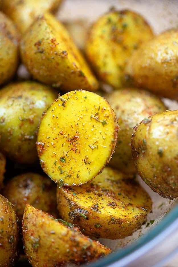 A close up of seasoned roasted potatoes