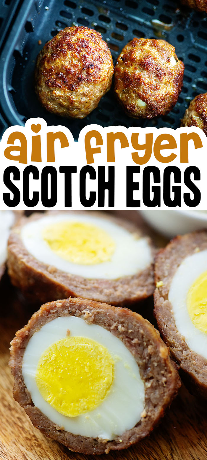 These keto scotch eggs are so easy and ready so quickly thanks to the air fryer. Plus, they're healthier than deep frying! #recipe #keto #lowcarb