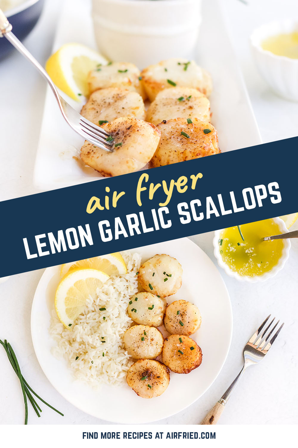 Lemon garlic scallops are very easy to cook with only 5 minutes of prep time! The air fryer makes it so easy. #airfried #easydinners #scallops