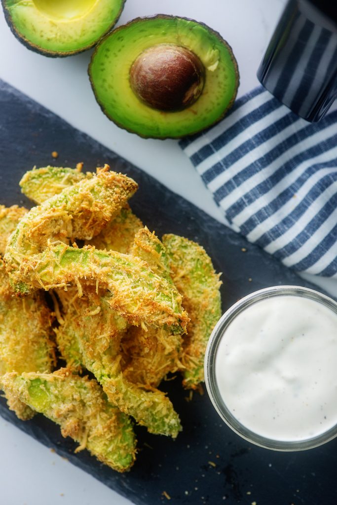 overhead view of piled avocado fries