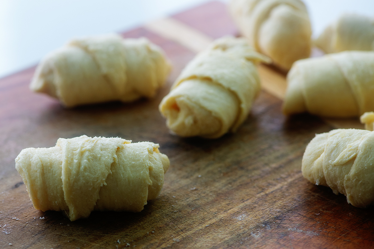crescent roll dough stuffed with string cheese.