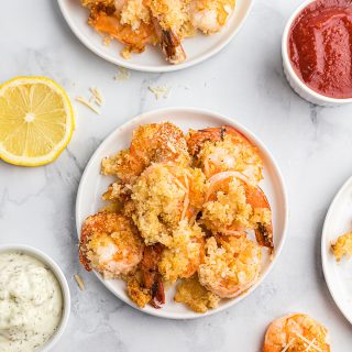 overhead view of a fried shrimp appetizer spread