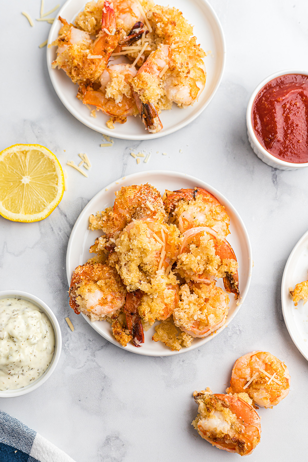 overhead view of a fried shrimp appetizer spread