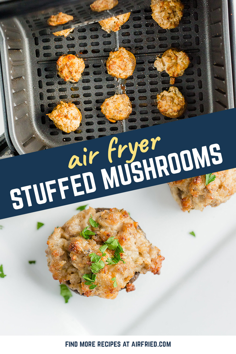 These air fried mushrooms are packed with cream cheese, sausage, and parmesan cheese for a great unique appetizer! #airfryer #recipes #snacks