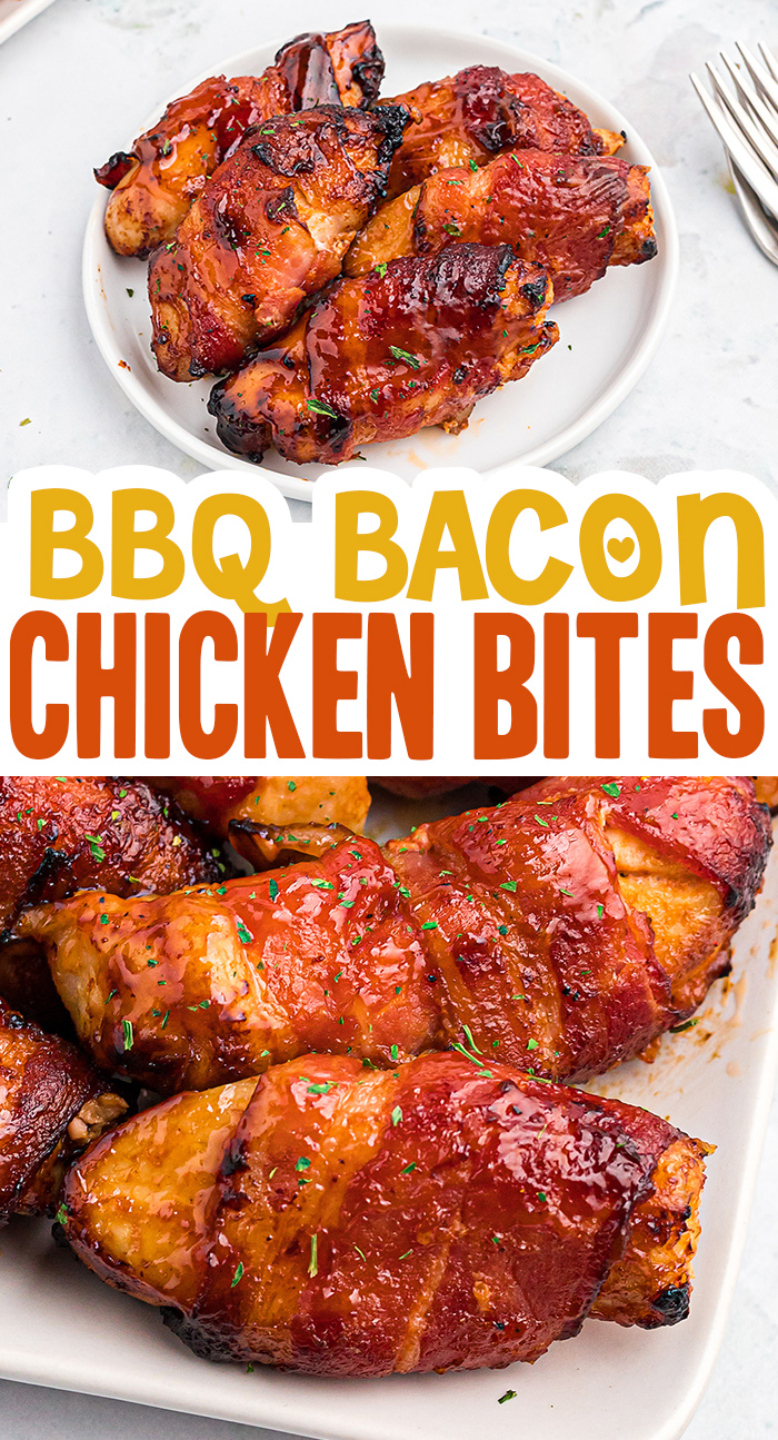 These chicken bites are addictive!  They are wrapped in bacon and lightly seasoned with barbecue sauce!  #recipes #chicken #bacon