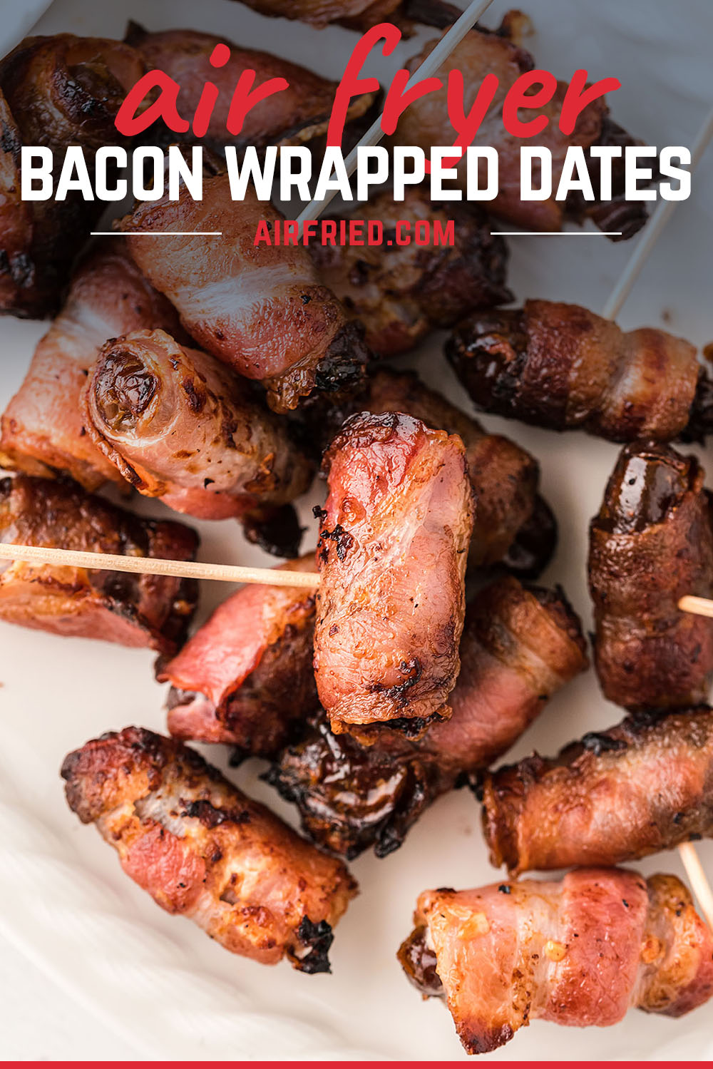 These sweet dates are air-fried and wrapped in salty bacon.  Makes an amazing appetizer! #airfryer #recipes #bacon