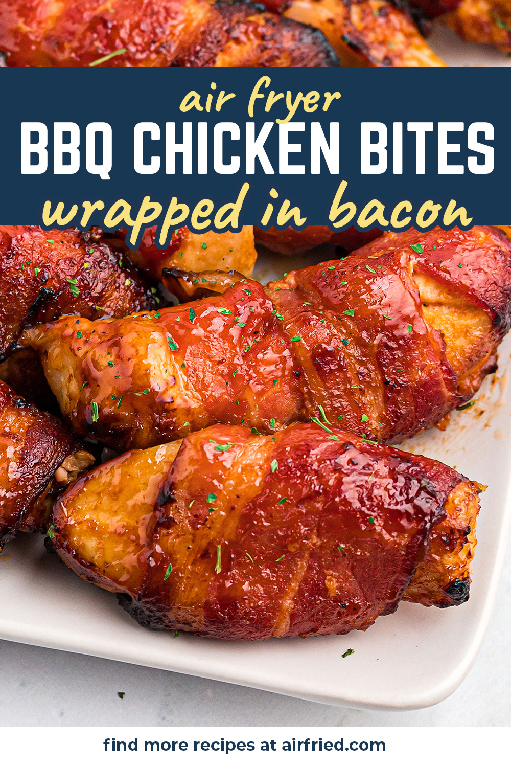 Close up of bbq chicken strips wrapped in bacon