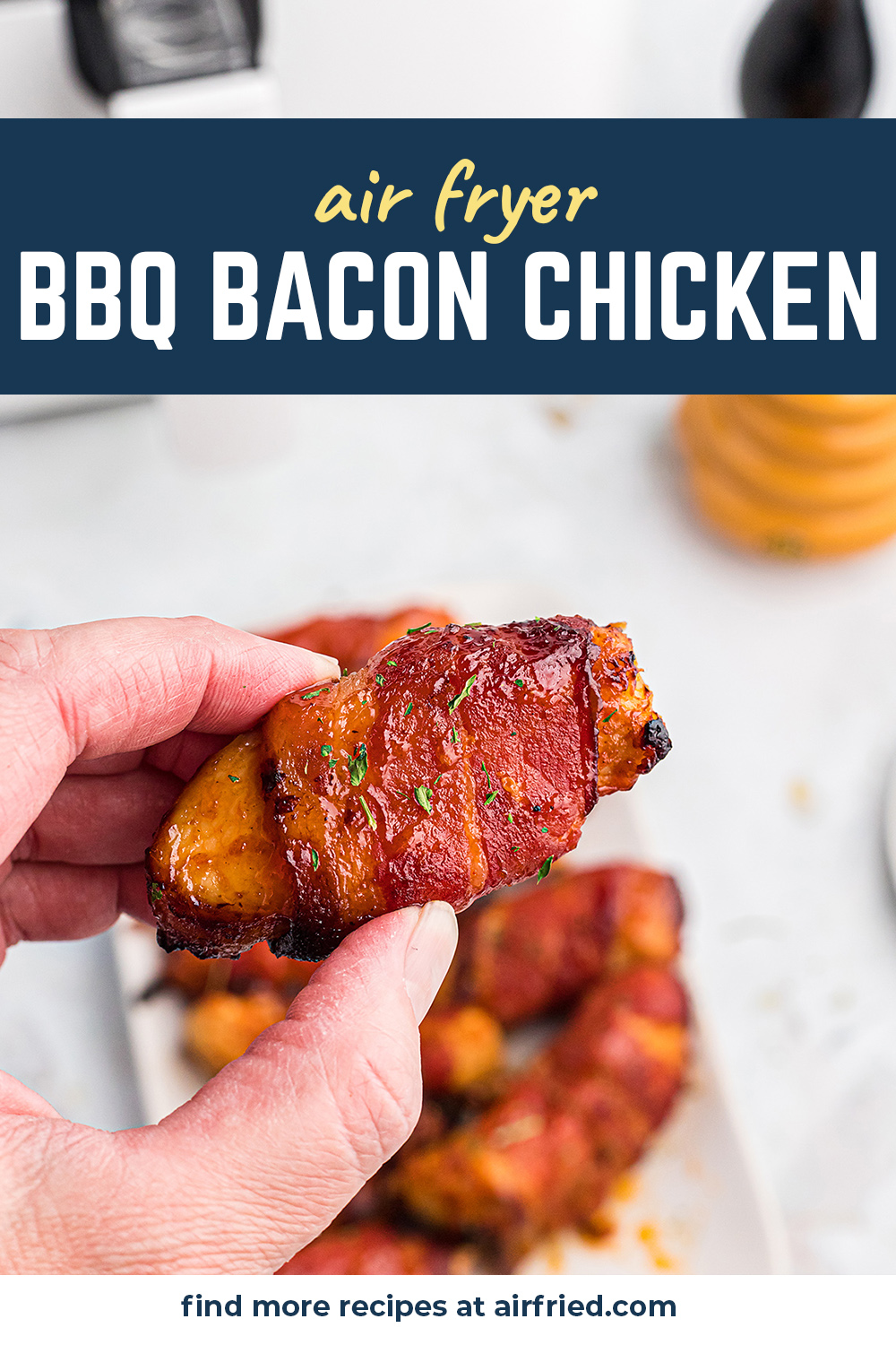Bite-sized BBQ chicken bites can be made better with only one thing...BACON! #recipes #airfryer #appetizers