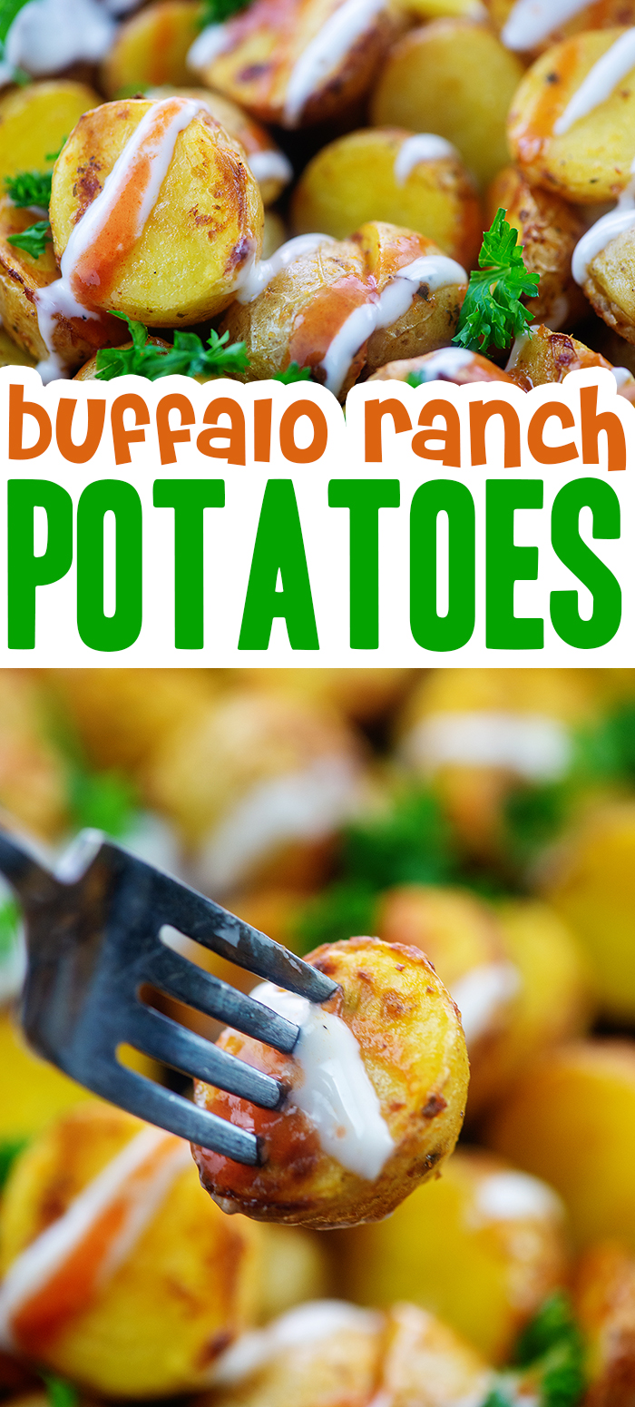 These roasted potatoes are lightly covered with buffalo and ranch for a great snack or side dish!  #airfryer #potatoes #recipes
