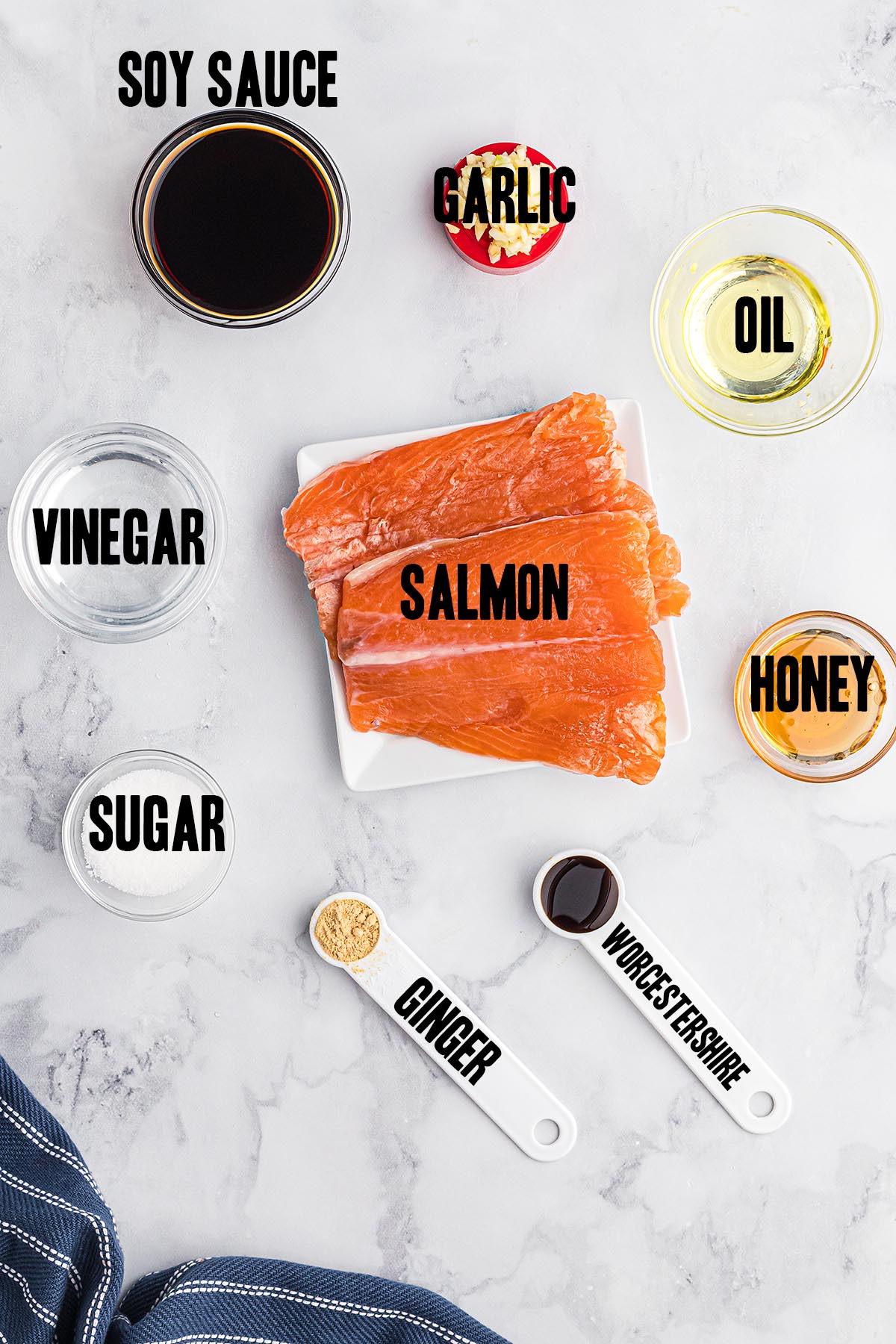 ingredients for teriyaki salmon spread out on a countertop