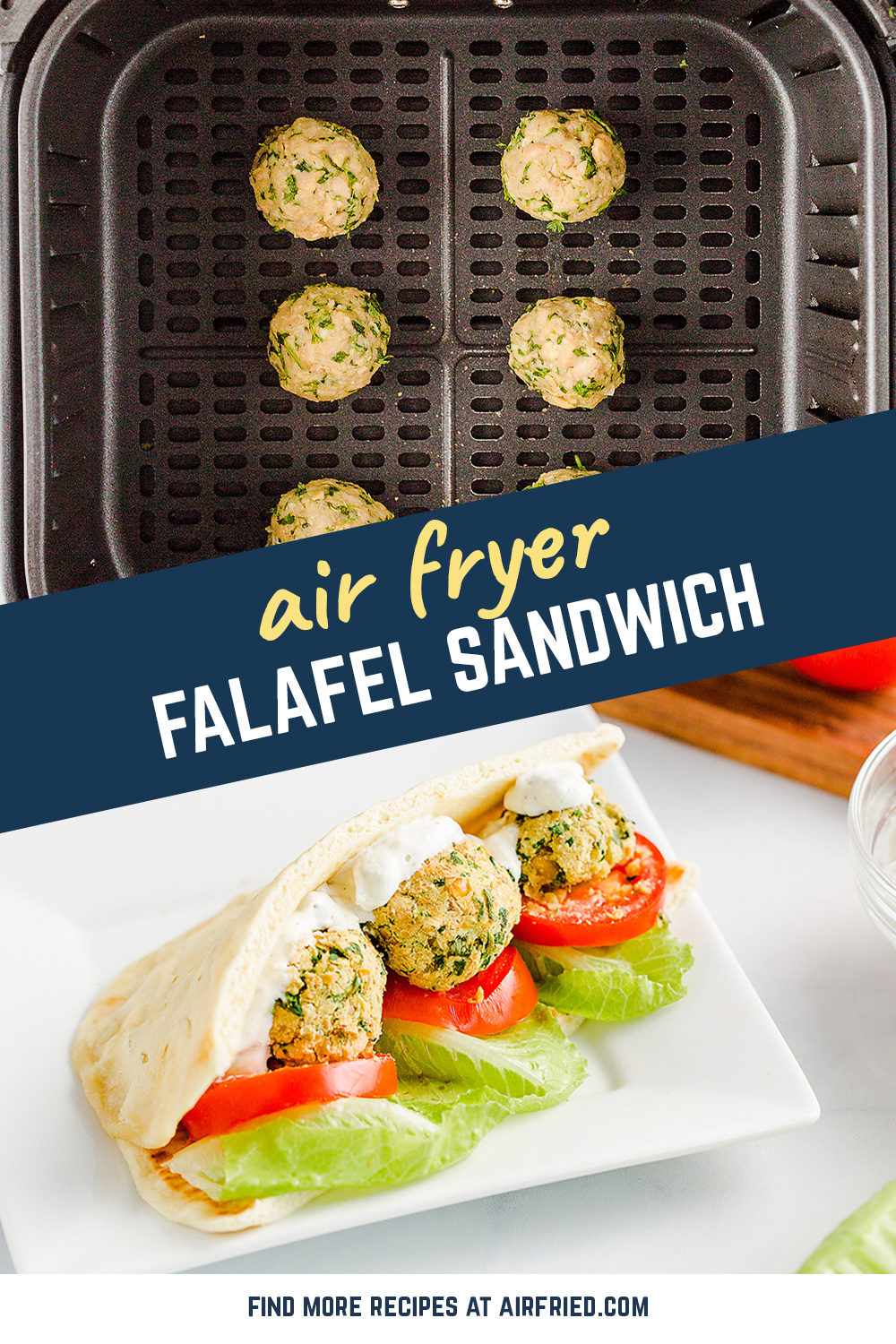 Try this recipe for your next meatless meal!  Falafel pitas are a filling, delicious lunch!  #airfryer #easyrecipes #falafel