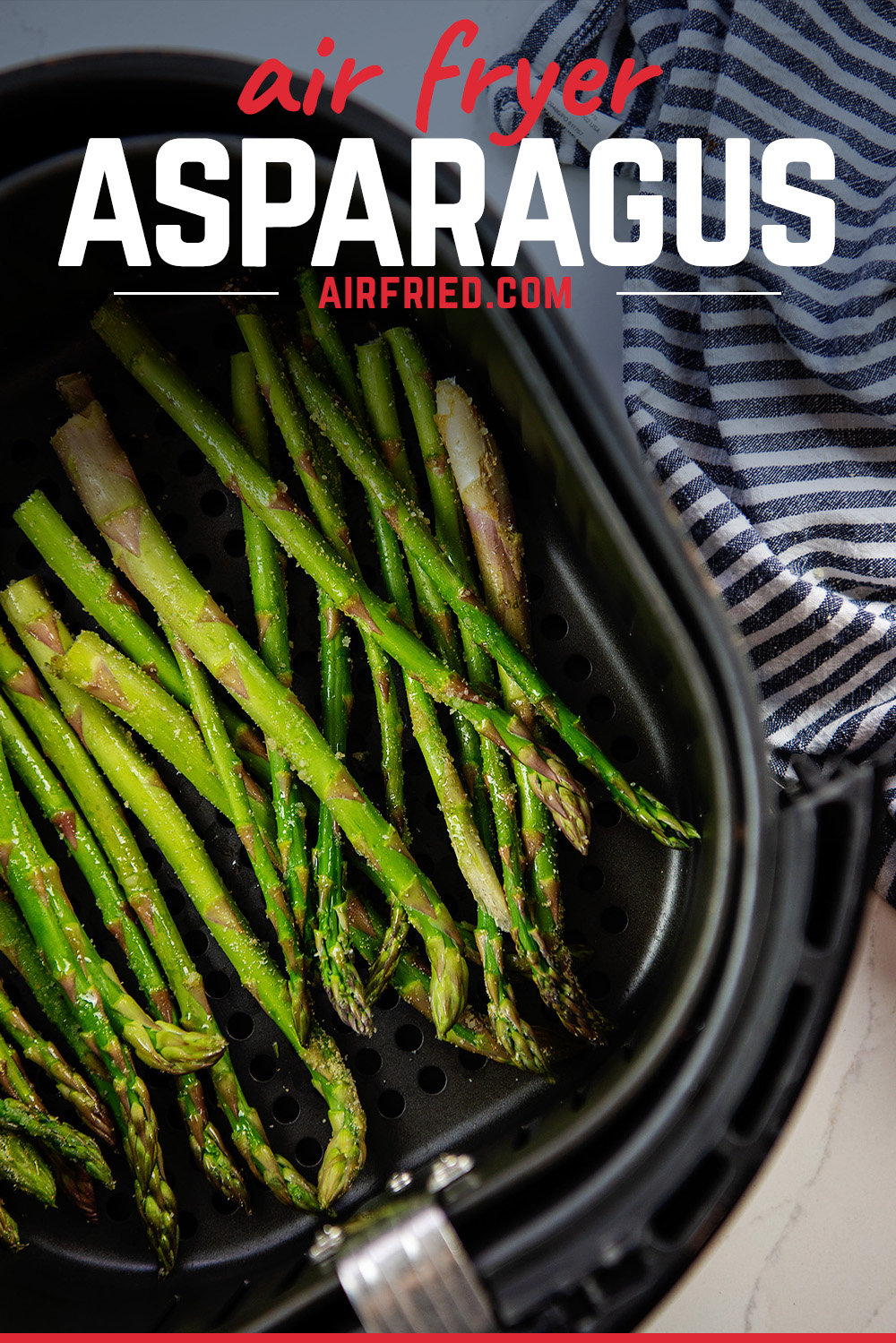 overhead view of fried asparagus in a basket