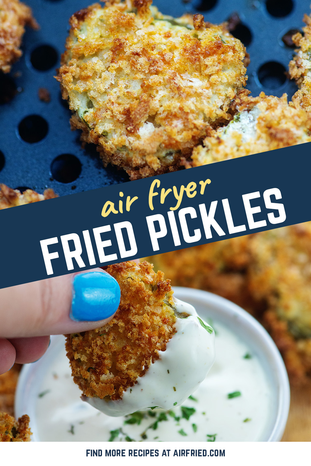 Crispy, crunchy fried pickles in the air fryer! The breading is so simple and they cook in just 10 minutes.
