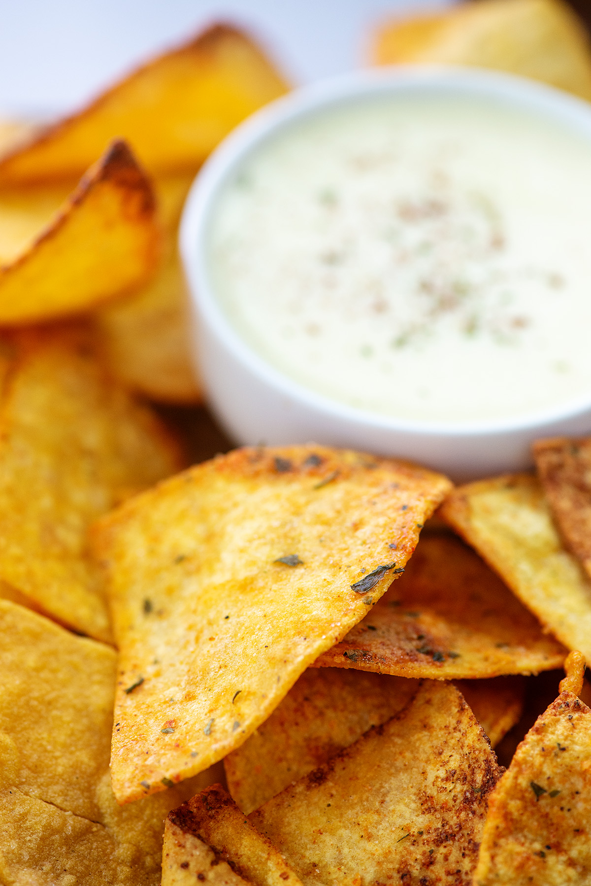 Close up of homemade tortilla chips next to a cup of dip