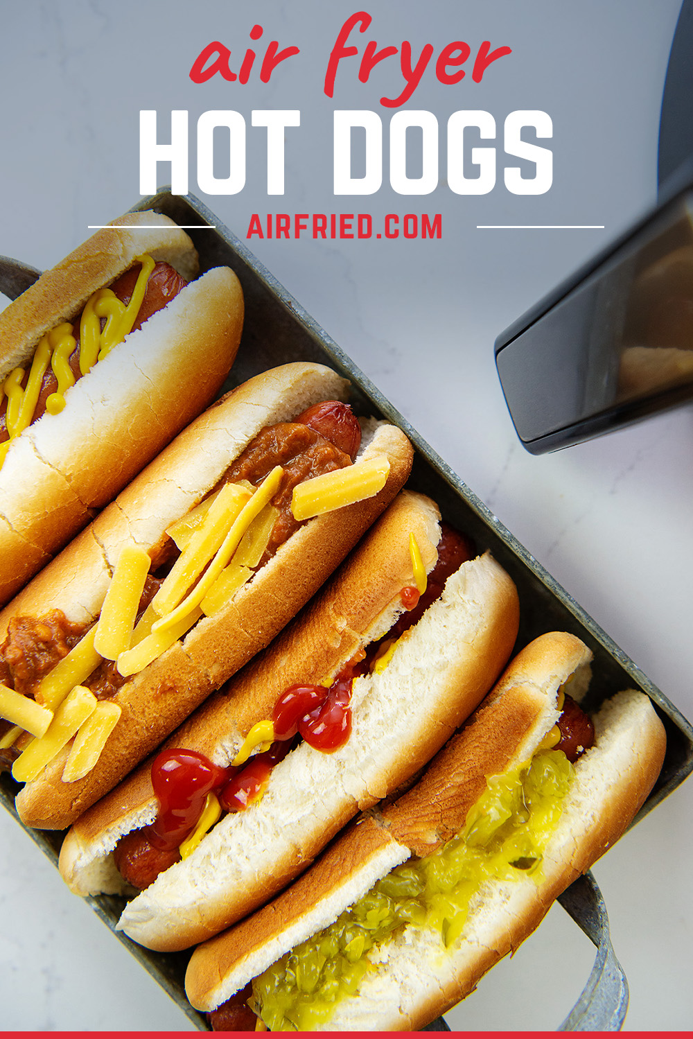 air fried hot dogs in a serving tray