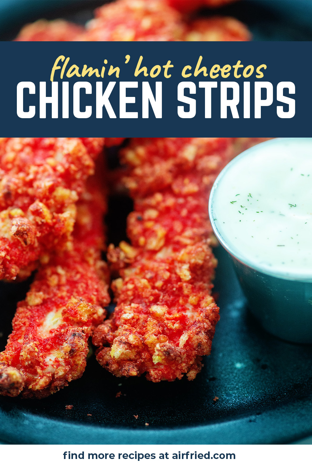 These chicken strips have a crispy, spicy breading and then they get cooked in the air fryer.  The result is chicken tender perfection!  #airfried #cheetos #lunchrecipes