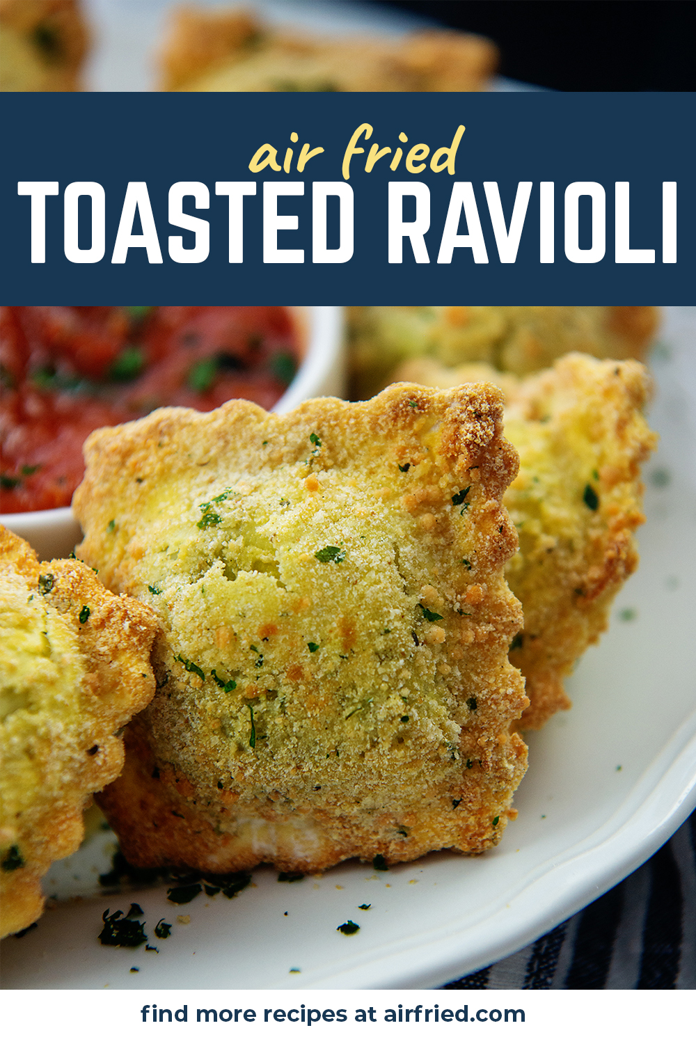 air fryer ravioli on white plate with text for Pinterest.