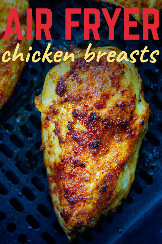 Close up of a cooked boneless chicken breast in an air fryer