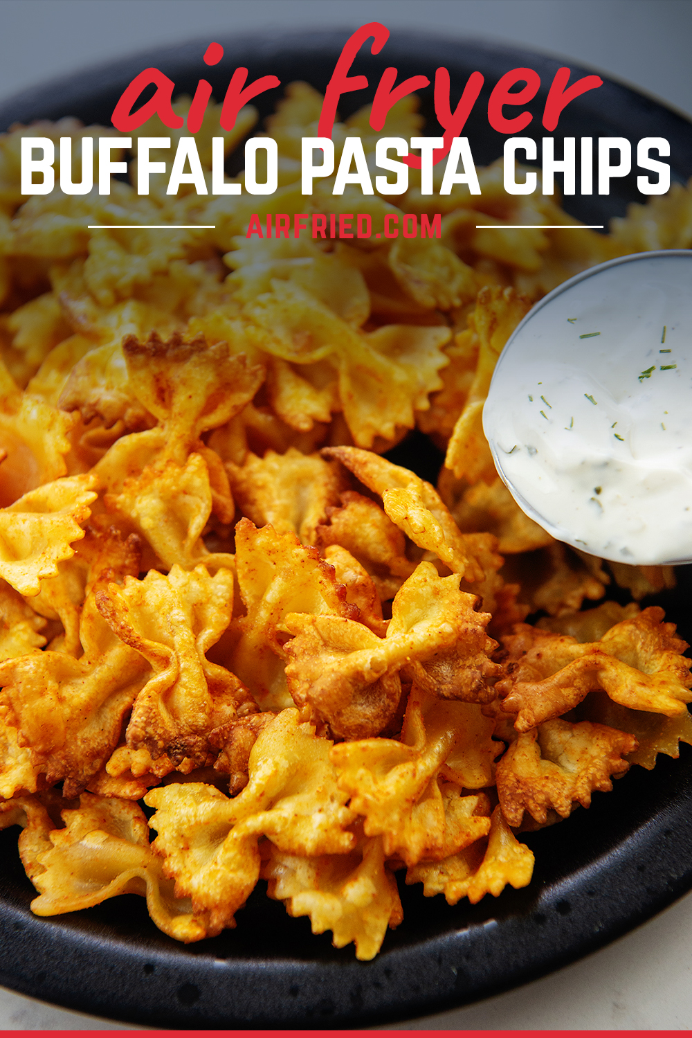 pasta chips on plate with text for Pinterest.