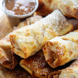 Close up of a pile of apple pie egg rolls
