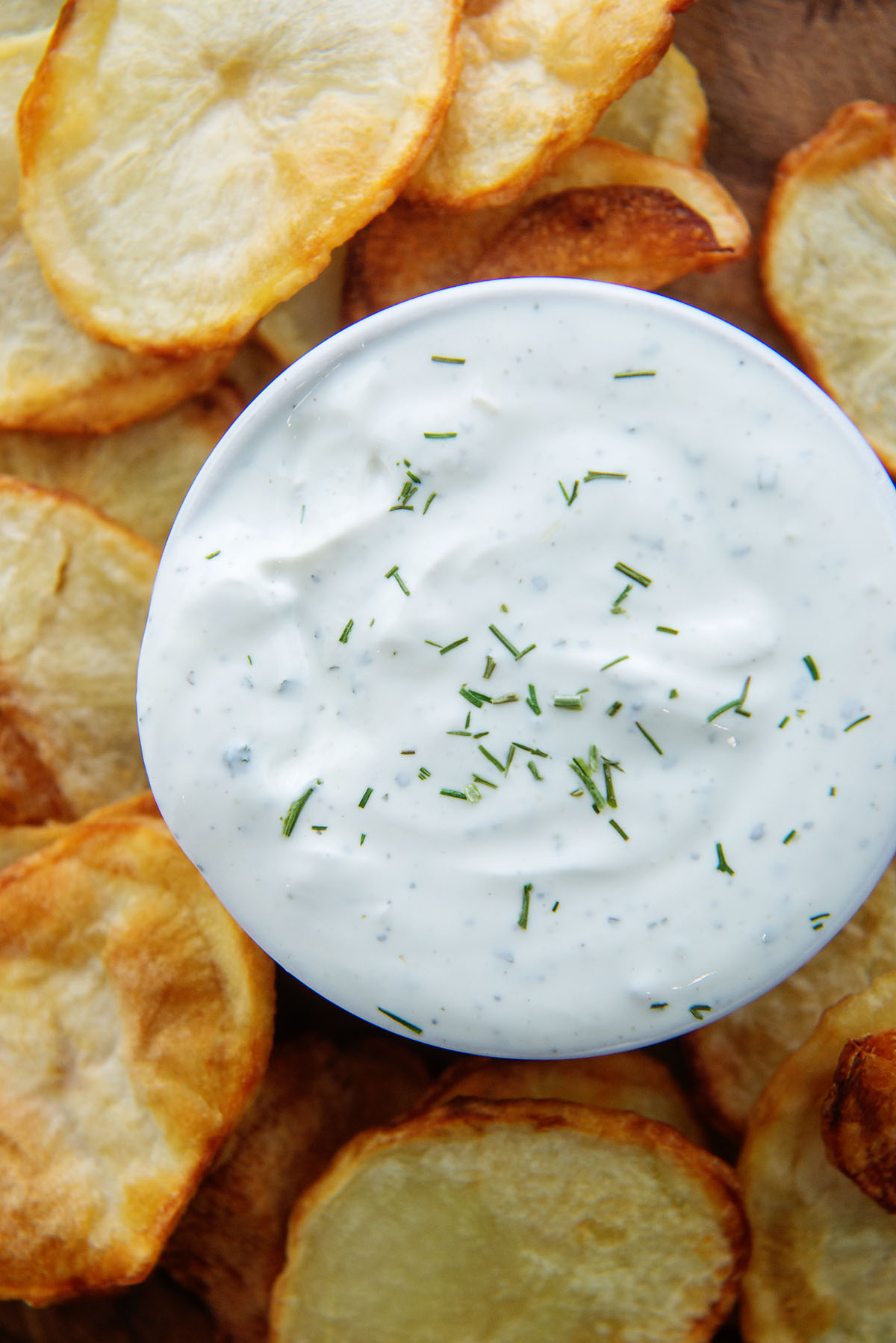 bowl of dip surrounded by potato chips.