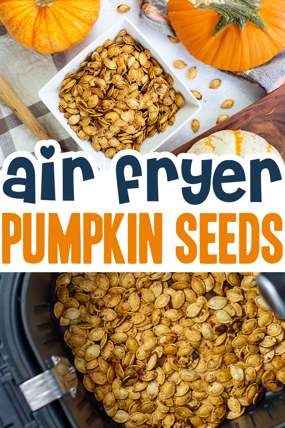 I like to get these pumpkin seeds cooking in the air fryer while we are carving pumpkins!  I get a snack while carving and it gives the pumpkin more purpose!