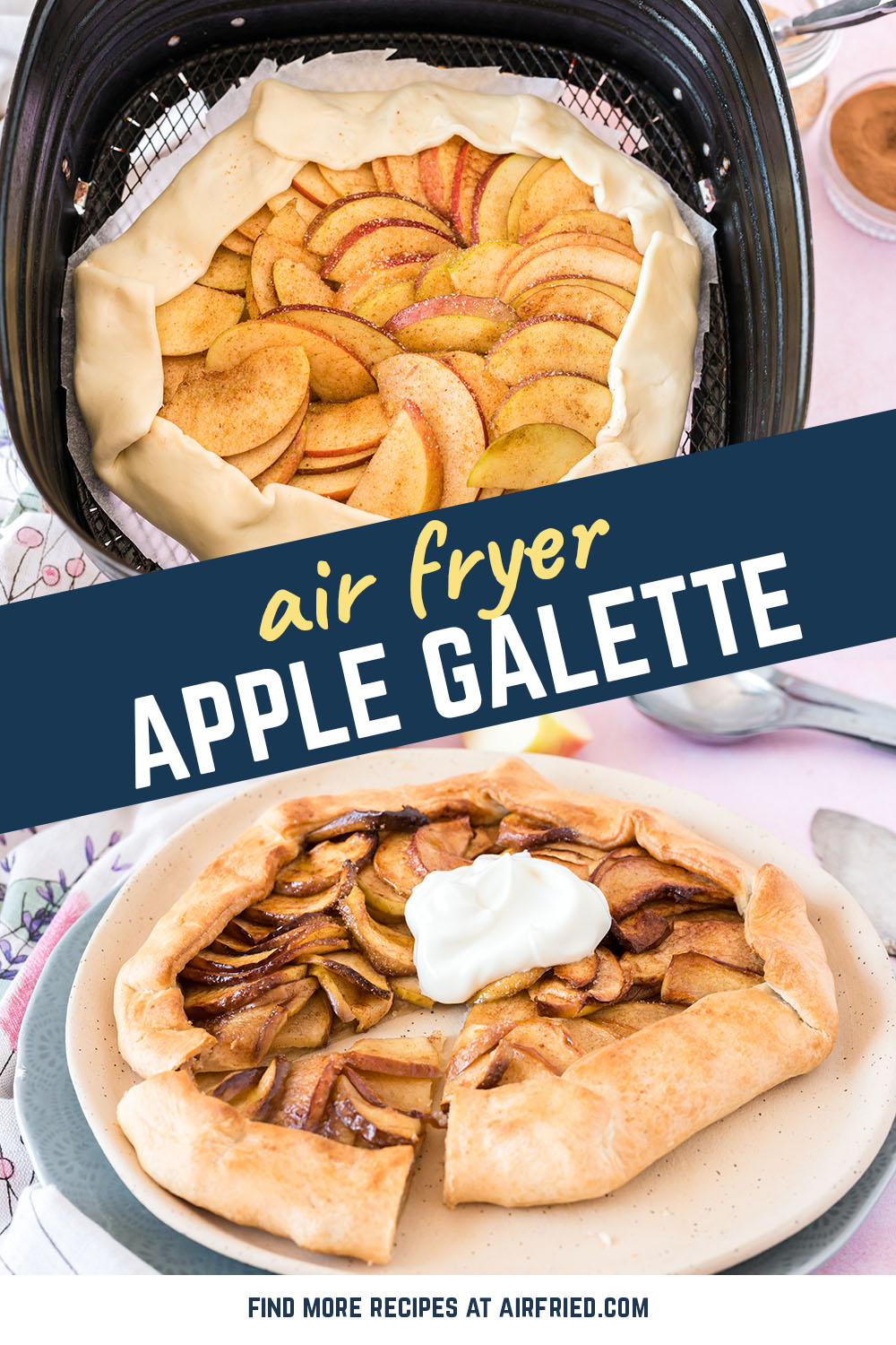 Air fryer apple galette is great served warm and topped with some vanilla ice cream or yogurt.