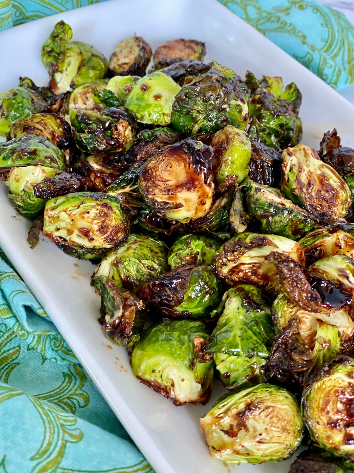 Brussels sprouts on a serving tray.