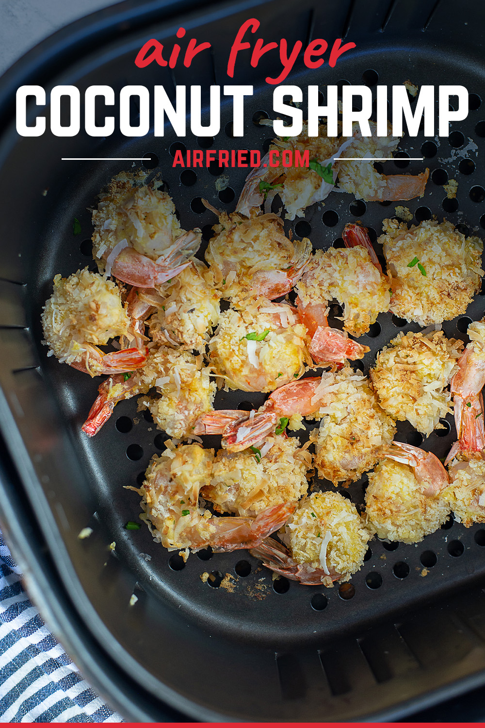 You can make this air fryer coconut shrimp in about 10 minutes!  The result is a crispy shrimp ready for dipping in your favorite cocktail sauce.