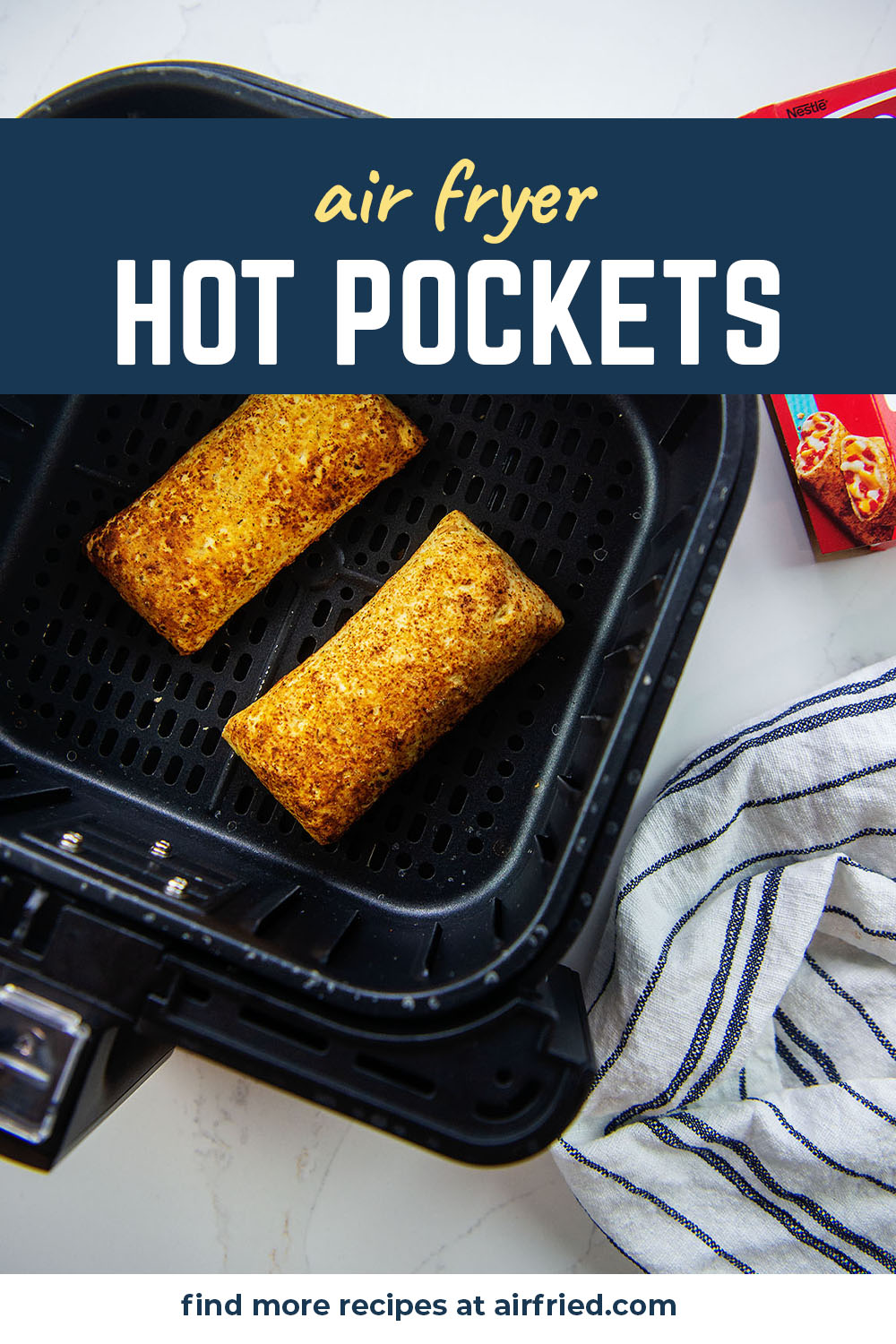 2 cooked hot pockets in an air fryer basket.