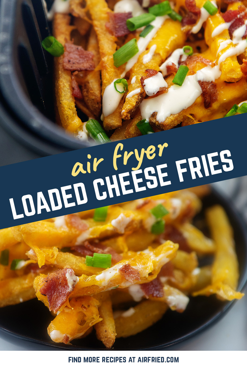 These air fried French fries are loaded with cheese, bacon, and ranch dressing!  They are a fantastic snack or appetizer!