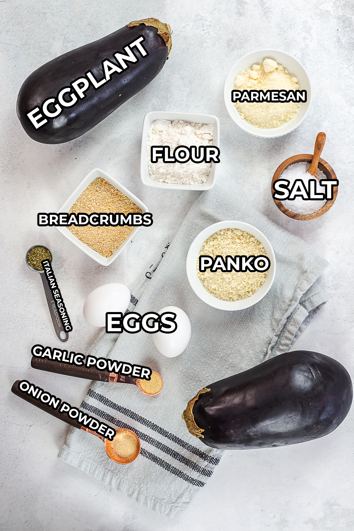 Ingredients for fried egg plant spread on a counter