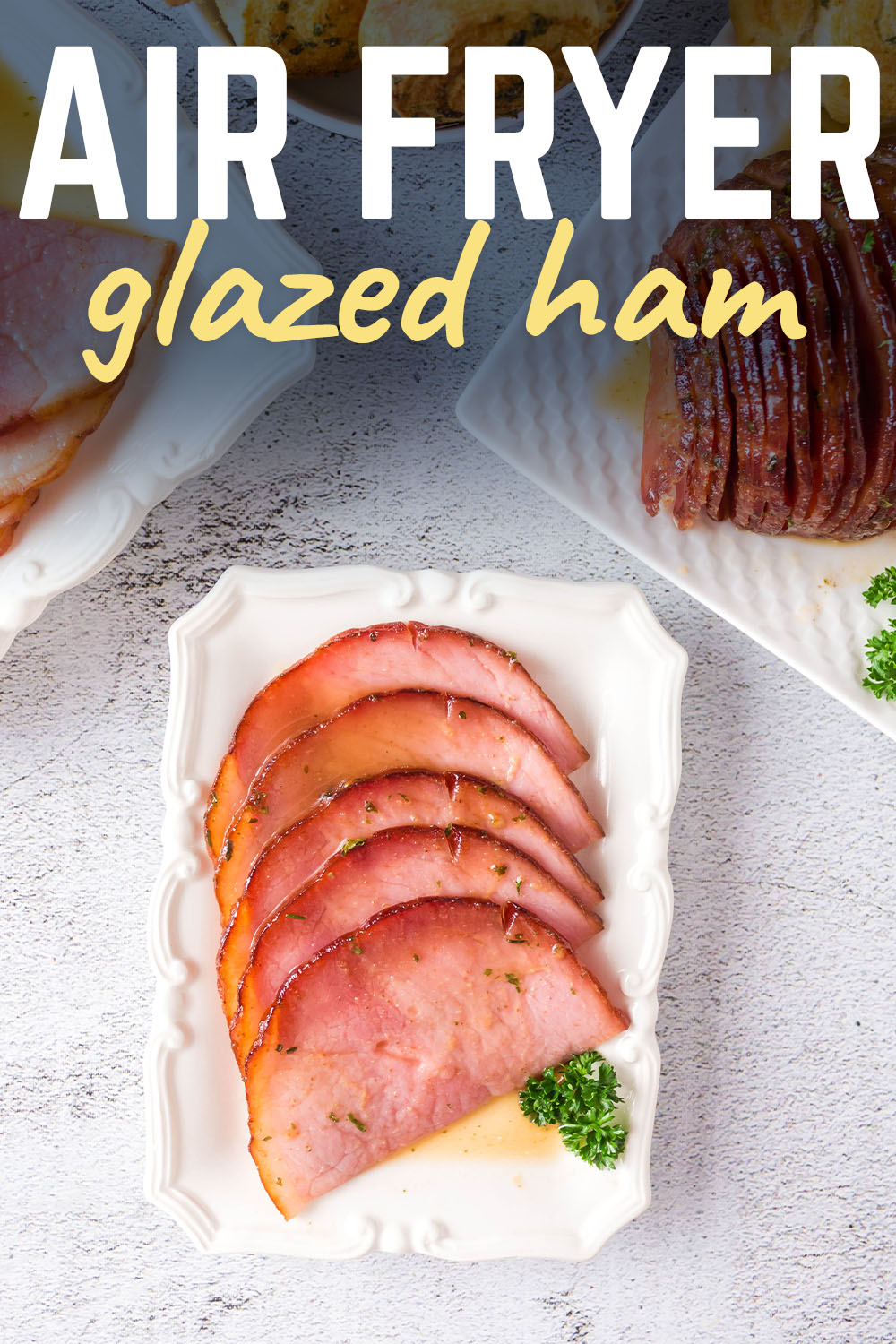 Overhead view of sliced ham on serving trays.