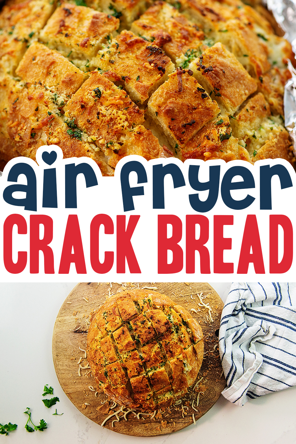 This air fryer crack bread is loaded with cheese and garlic, making it the perfect appetizer or snack!