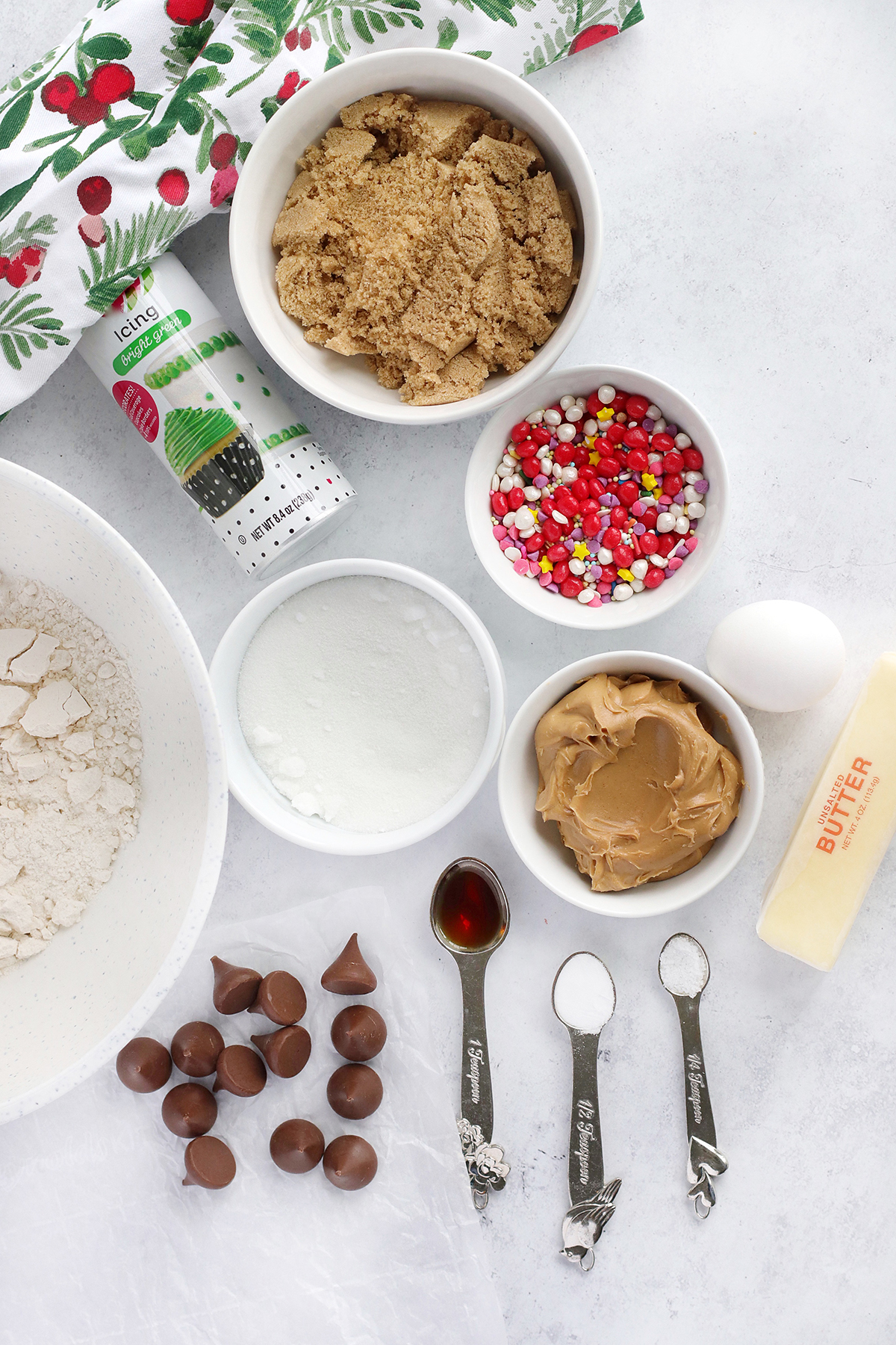 Peanut butter Christmas cookie ingredients on a countertop.