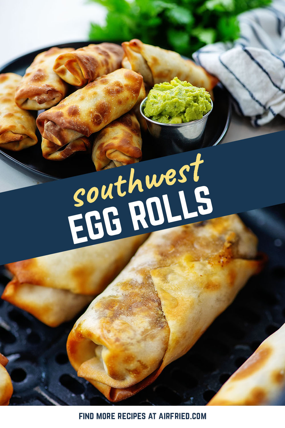 These egg rolls are filled with a Mexican inpired chiken flavor perfect with a dip in some guacamole!