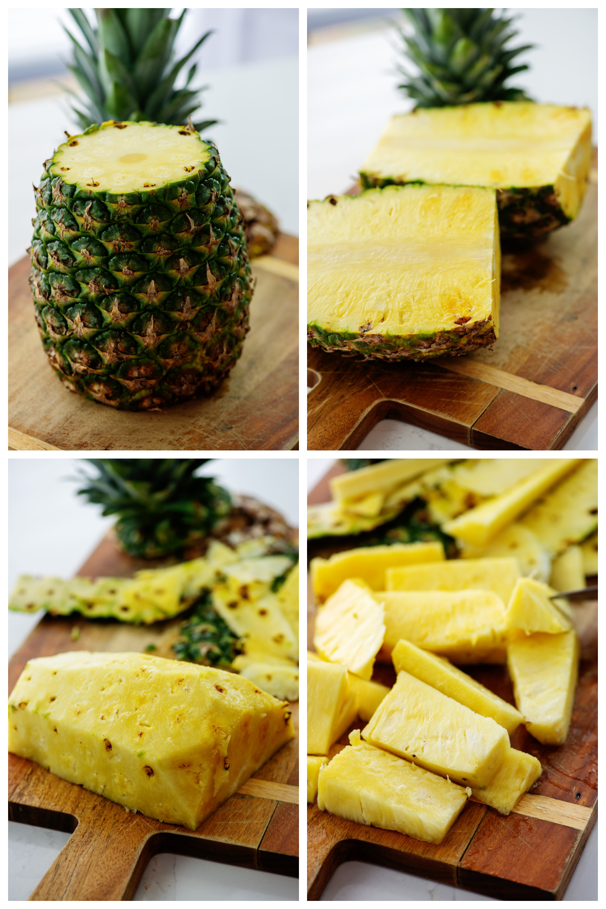 Collage of the steps in cutting a pineapple.