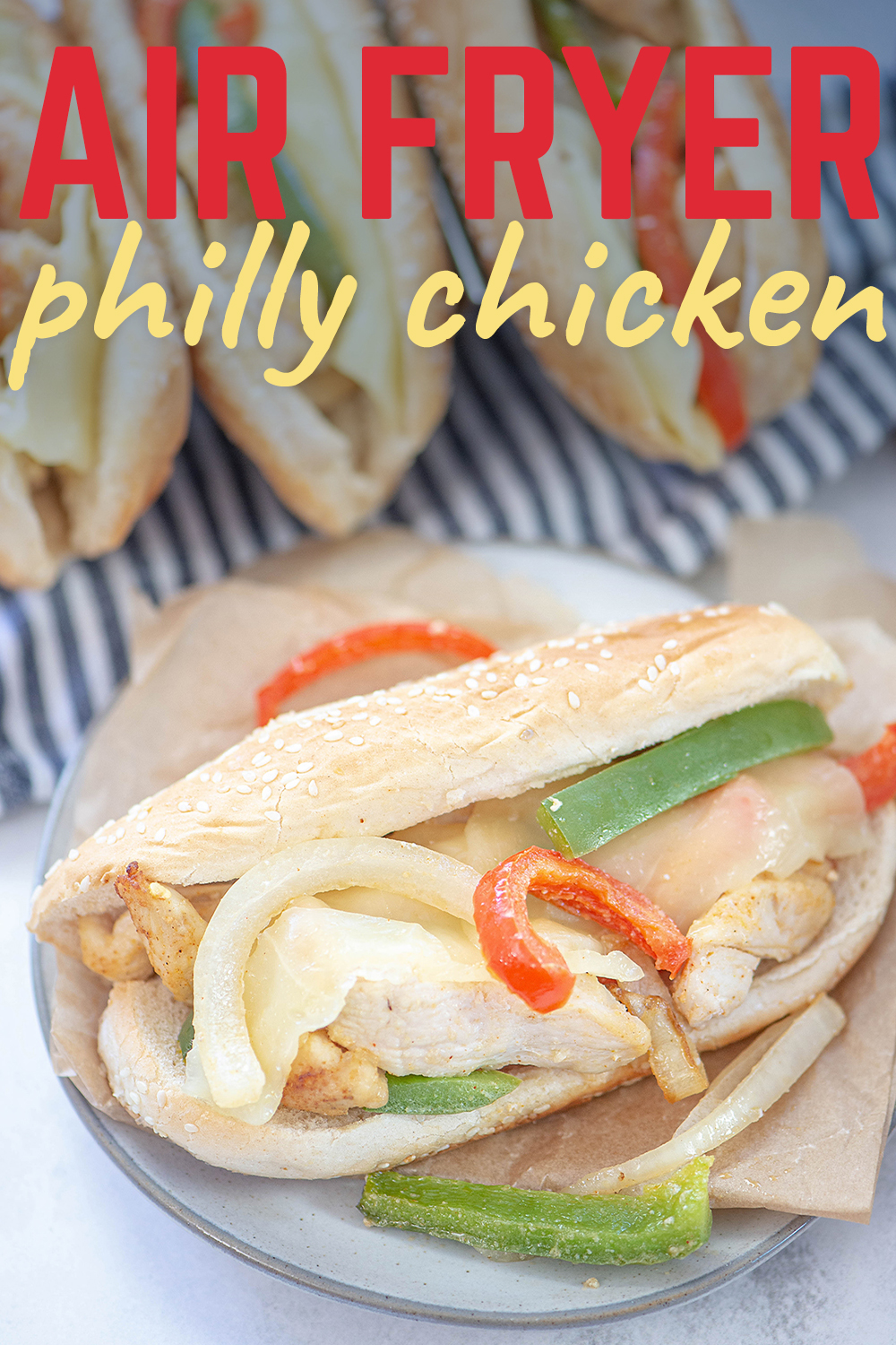 I am in love with these Philly chicken sandwiches.  Everything cooks together in the air fryer keeping it super simple too!