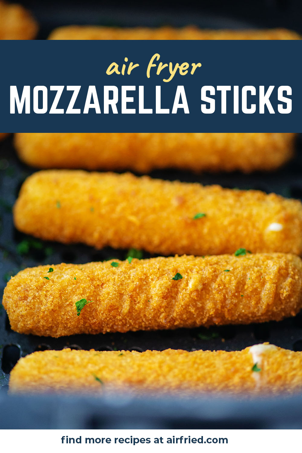 Air frying your frozen cheese sticks only takes about 5 minutes and you get a crispy coating with super stringy mozzarella cheese in the middle!