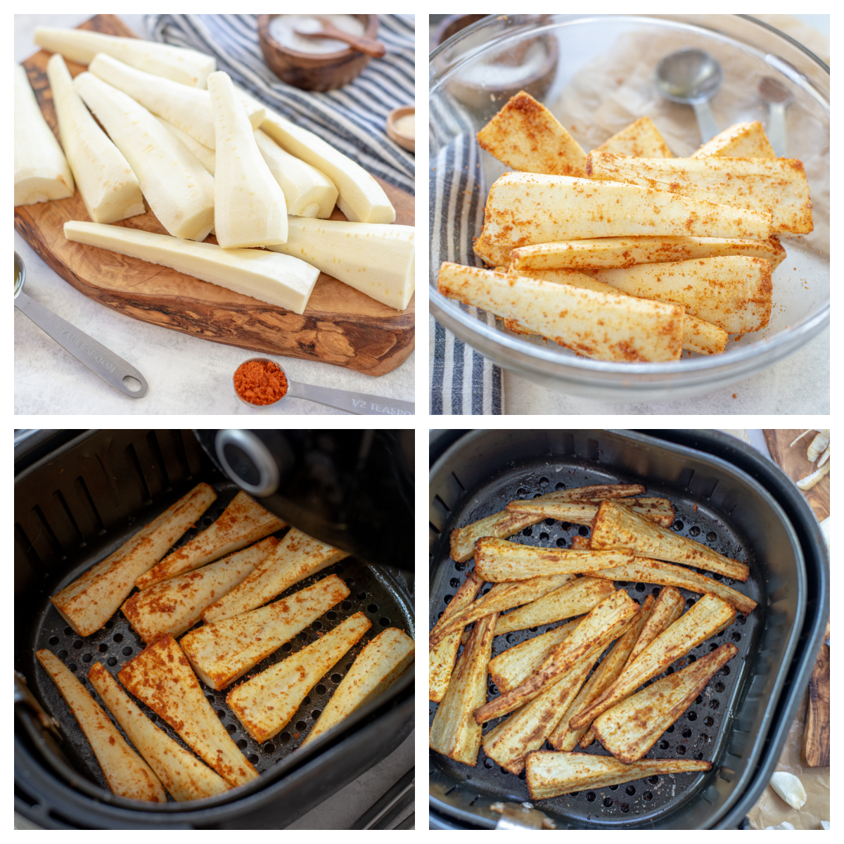 Collage of the steps of cooking parsnips.