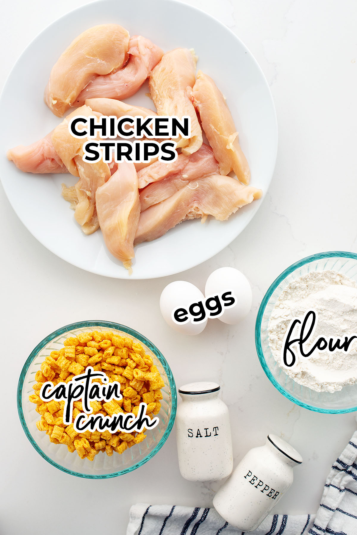 Captain Crunch chicken strips ingredients spread out on a countertop.