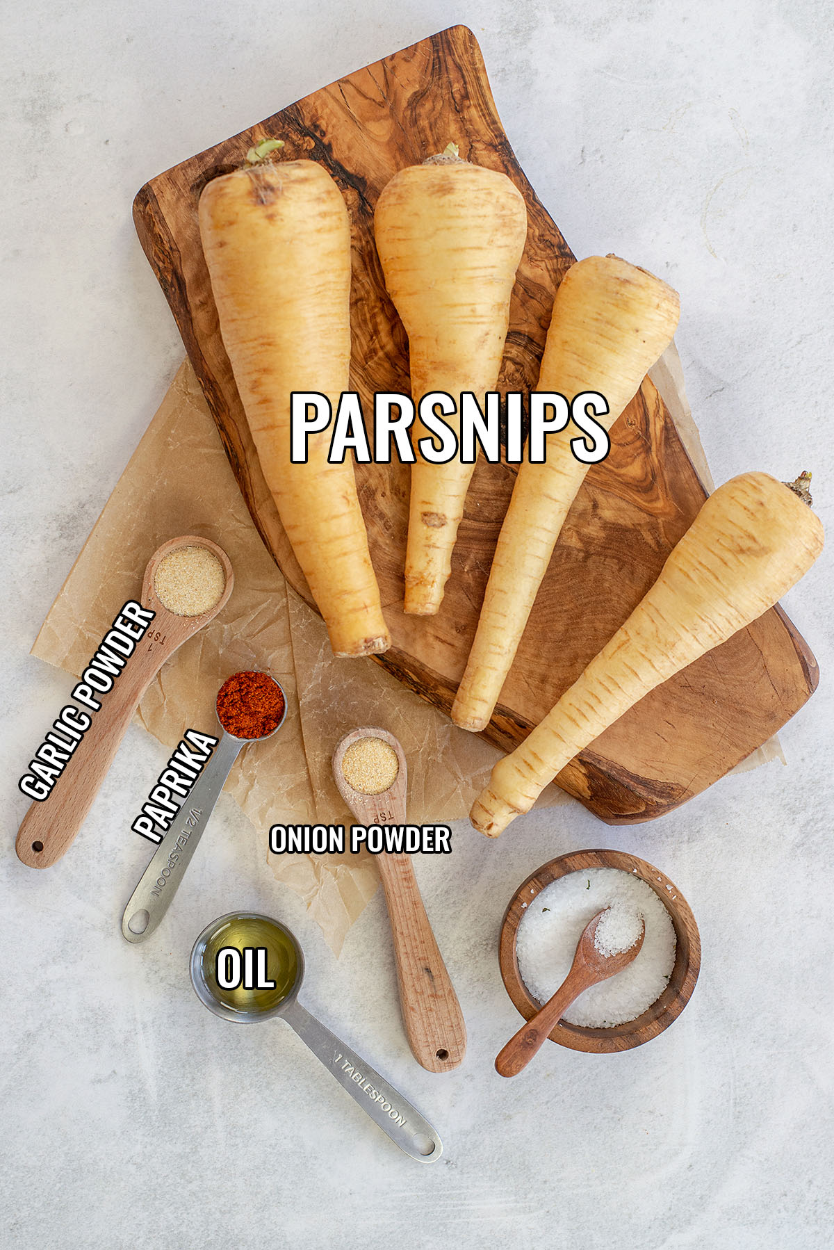 Parsnip fry ingredients spread out on a countertop.