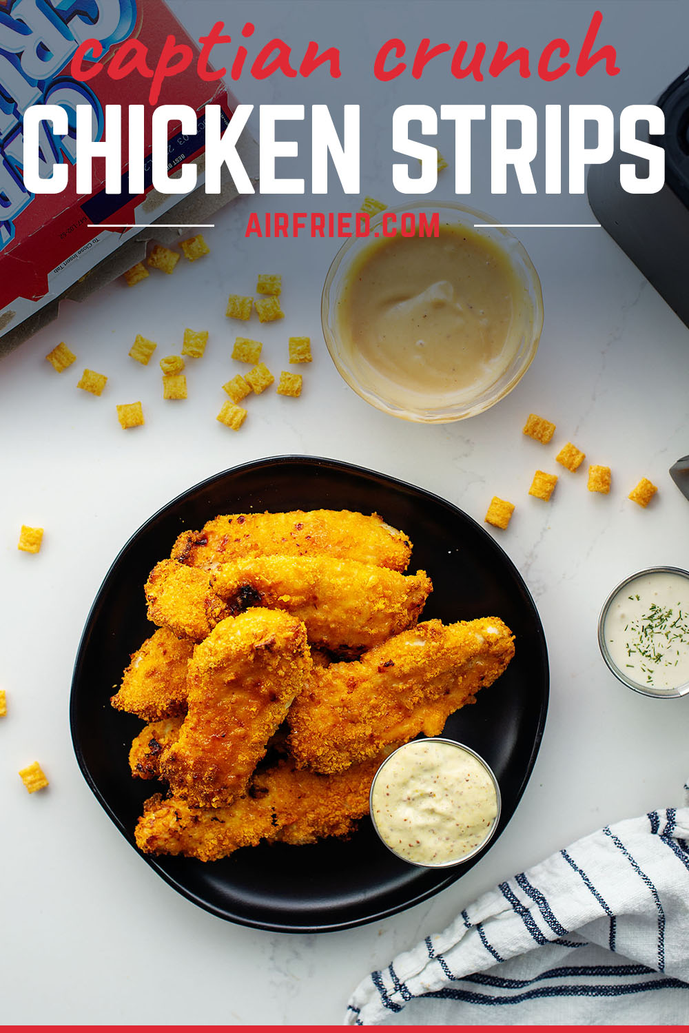 Captain cruch chicken strips are a copy cate of the very popular Planet Hollywood chicken strips.  This recipe uses the air fryer to keep the breading crisp and the chicken tender!