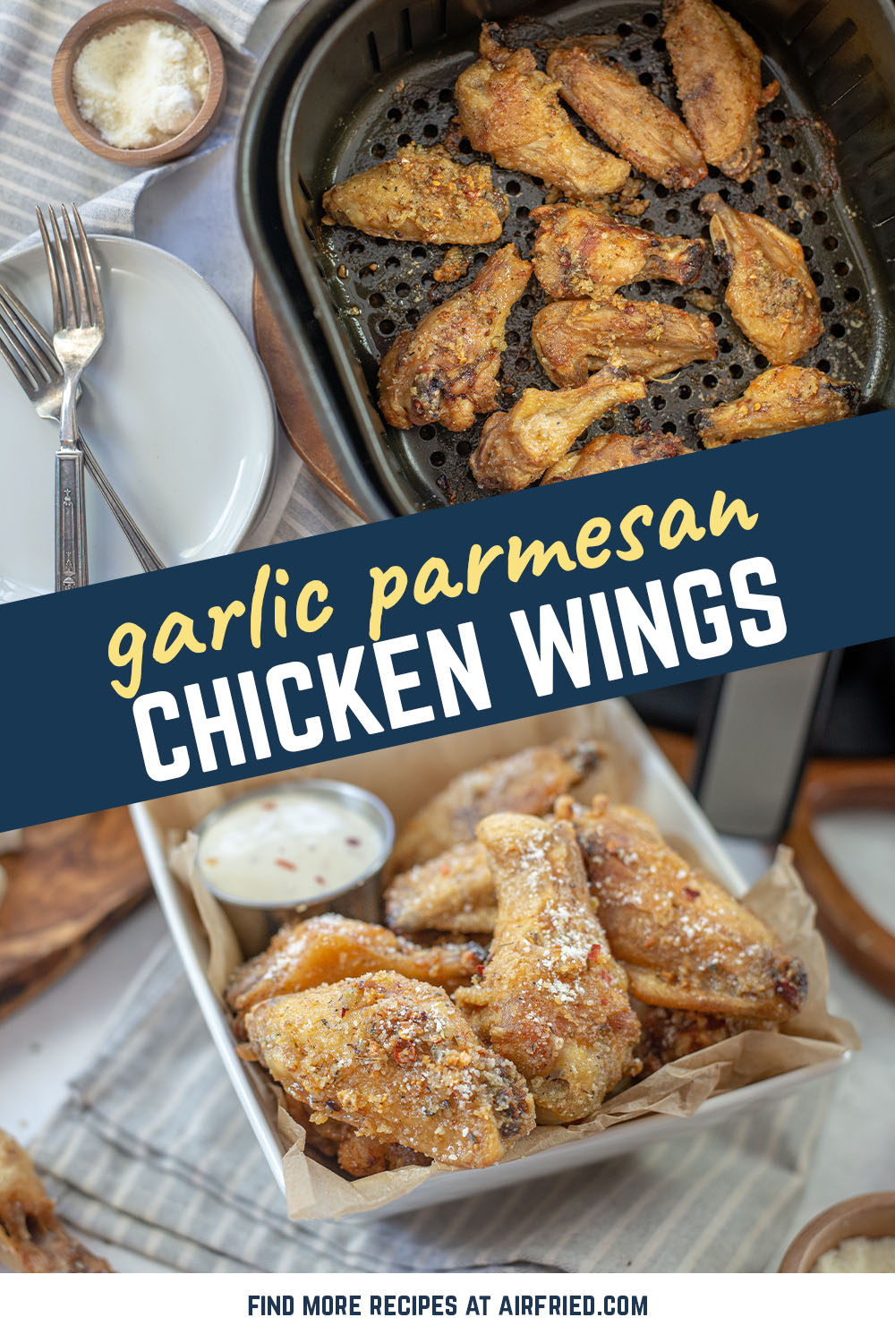 These air fryer garlic parmesan wings are tossed in our favorite homemade sauce - the sauce is just a handful of ingredients and ready in minutes!