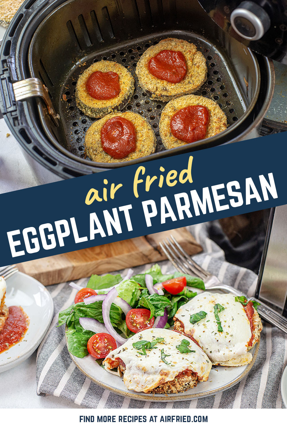 Air fryer eggplant Parmesan cooks just 15 minutes.  The result is pleasant looking, savory dinner!