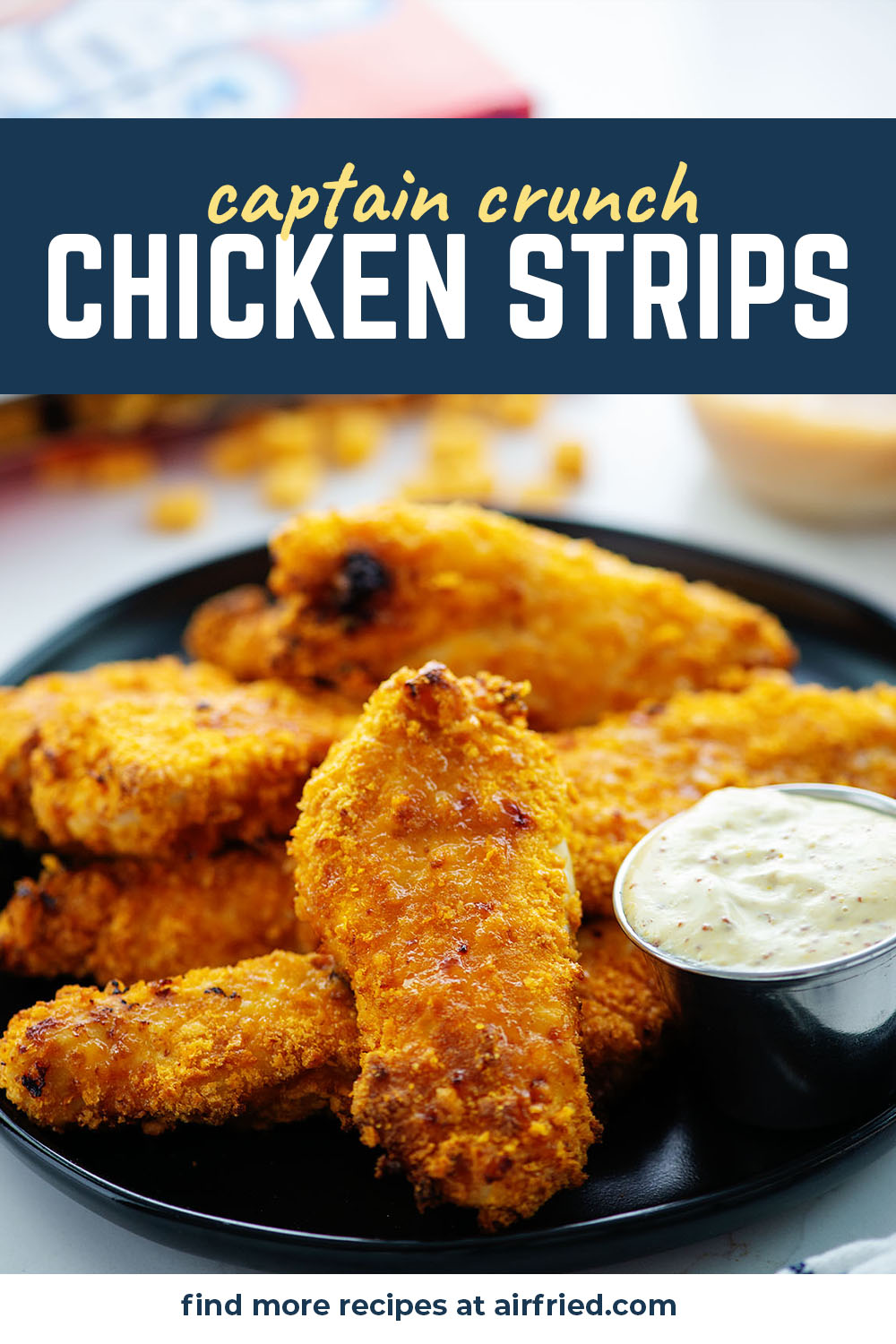 Close up of cereal coated chicken strips.